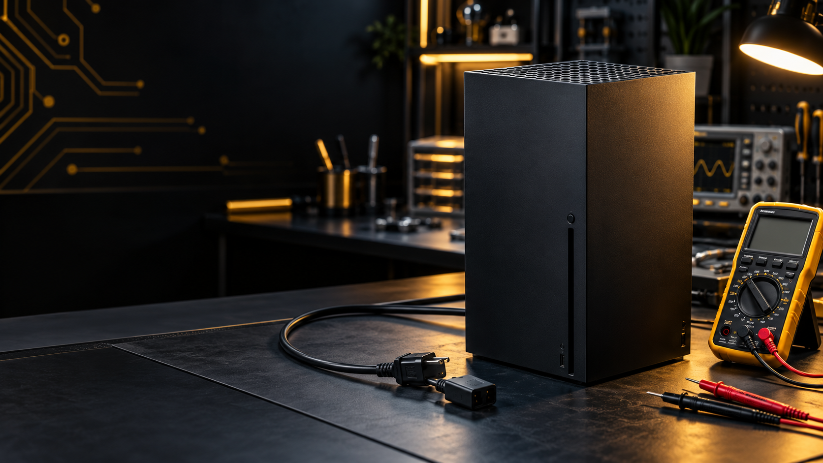 Consola de videojuegos en una mesa profesional de diagnóstico electrónico